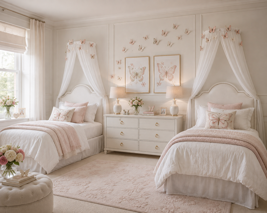 Pink butterfly bedroom with twin single beds and white wall-mounted bed canopies