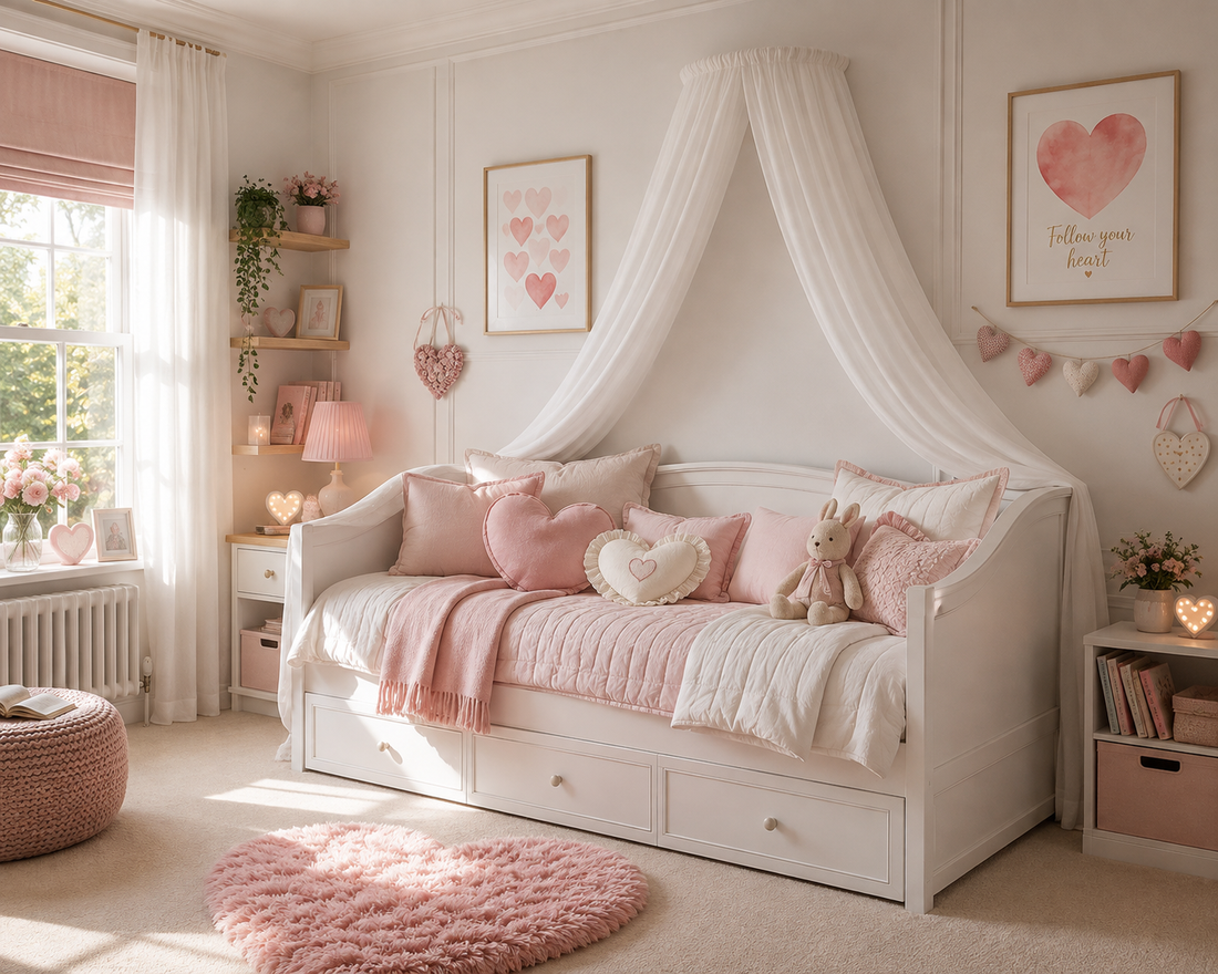 Heart bedroom ideas for girls with a white wall-mounted bed canopy, day bed and soft pink heart decorations