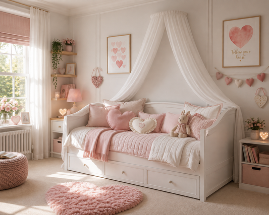 Heart bedroom ideas for girls with a white wall-mounted bed canopy, day bed and soft pink heart decorations