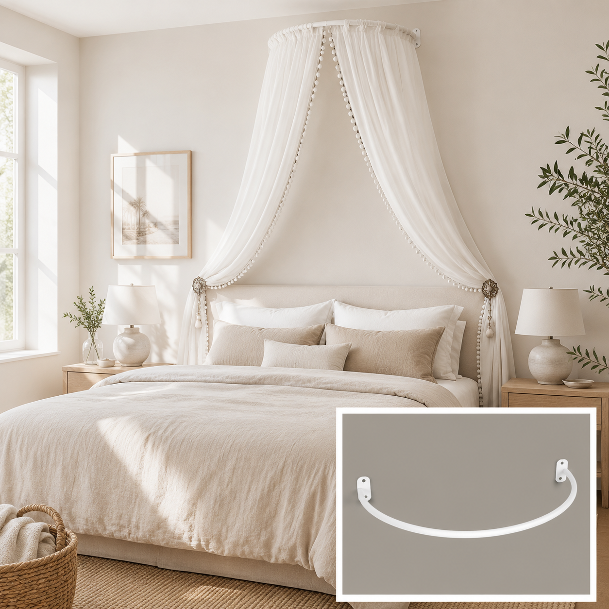 Arc Home Decor white wall-mounted bed canopy frame above a double bed with curved steel canopy rail