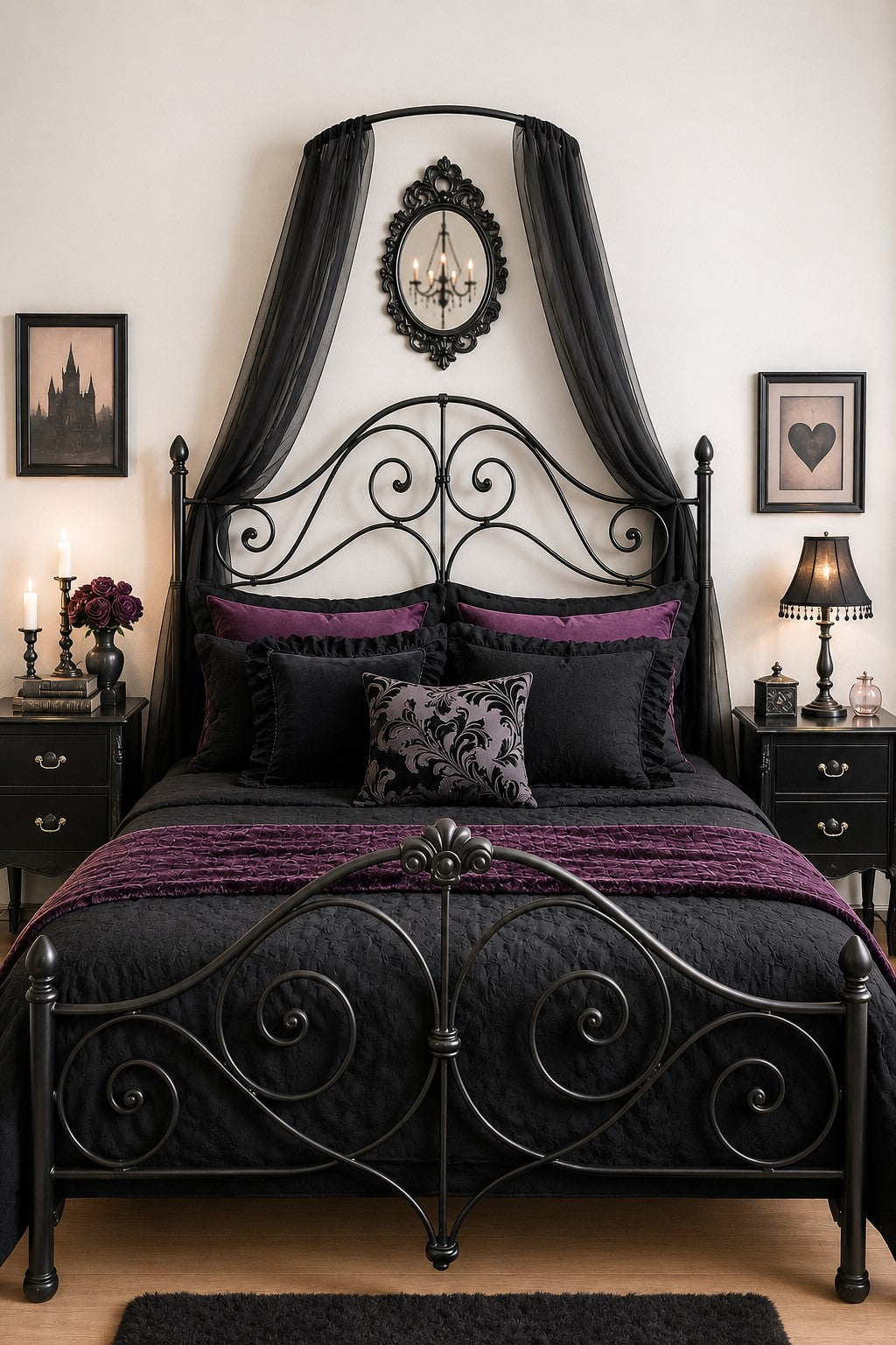 Arc Home Decor black wall-mounted canopy frame creating a dramatic luxury bedroom canopy with fabric drapes