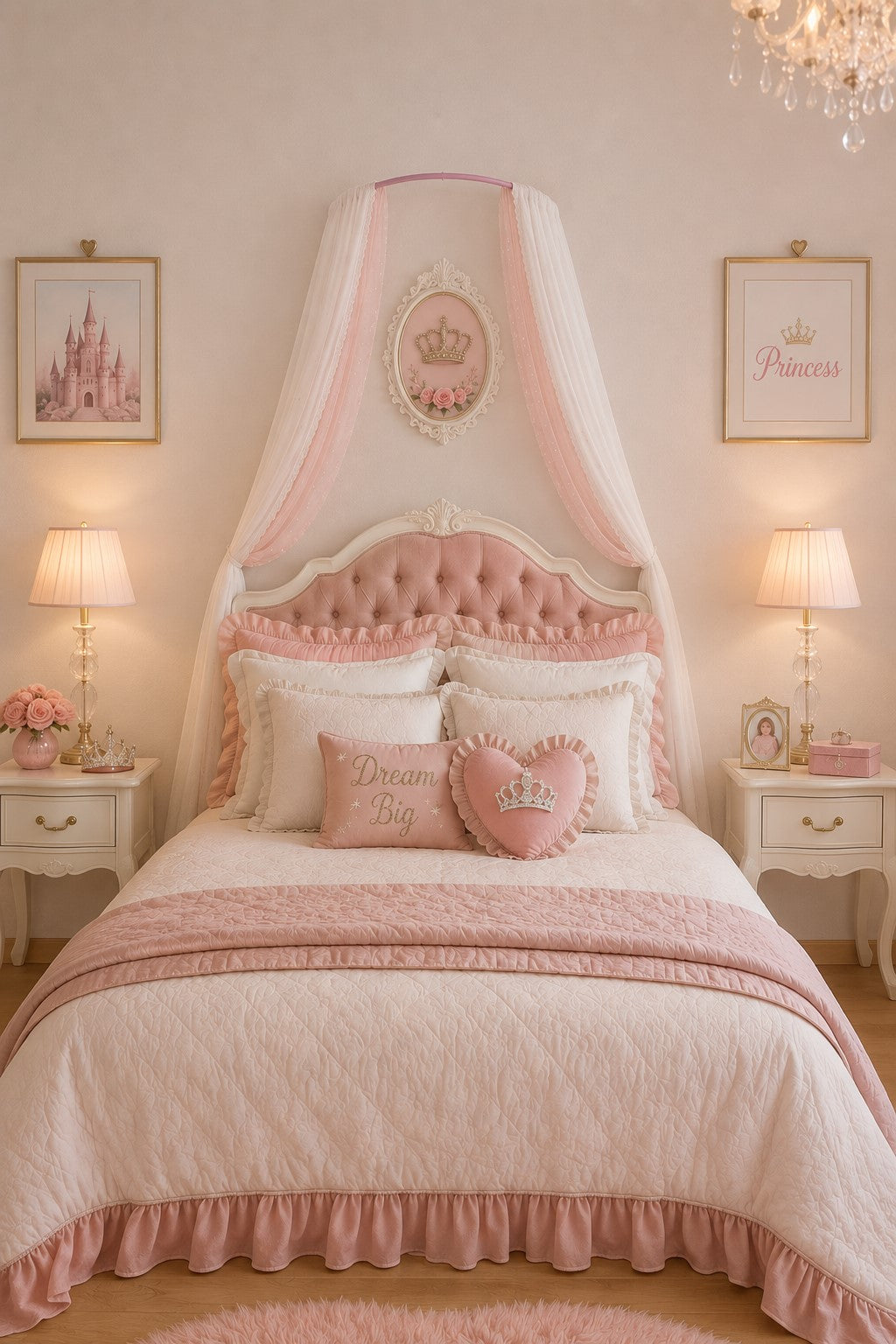 Pink Arc Home Decor wall-mounted bed canopy frame styled above a bed to create a romantic princess canopy bedroom look