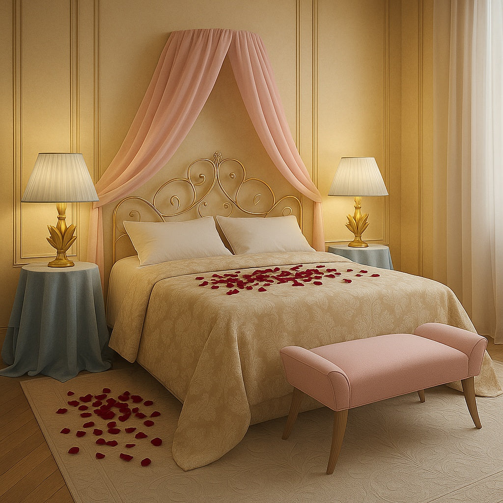 Arc Home Decor pink wall-mounted canopy frame creating a romantic bedroom canopy with flowing fabric drapes