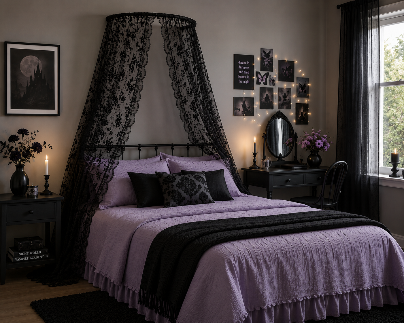Complete Bed Canopy Set with Black Gothic Vintage Inspired Lace panels and Black wall-mounted Arc Frame