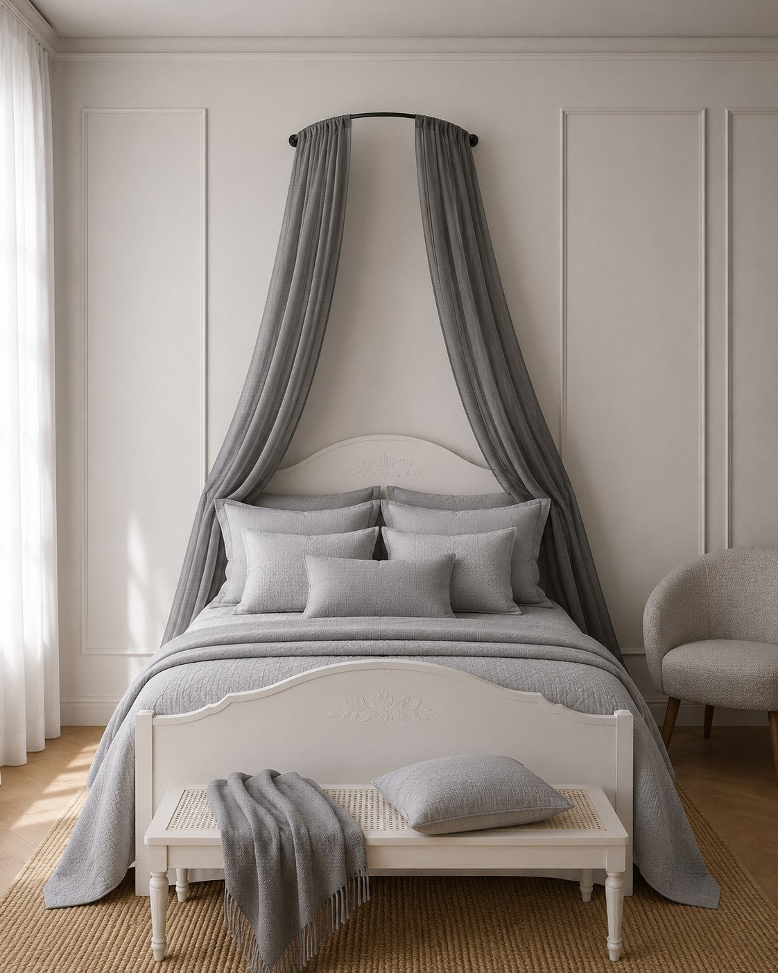 Complete Bed Canopy Set | Linen Look Semi Sheer