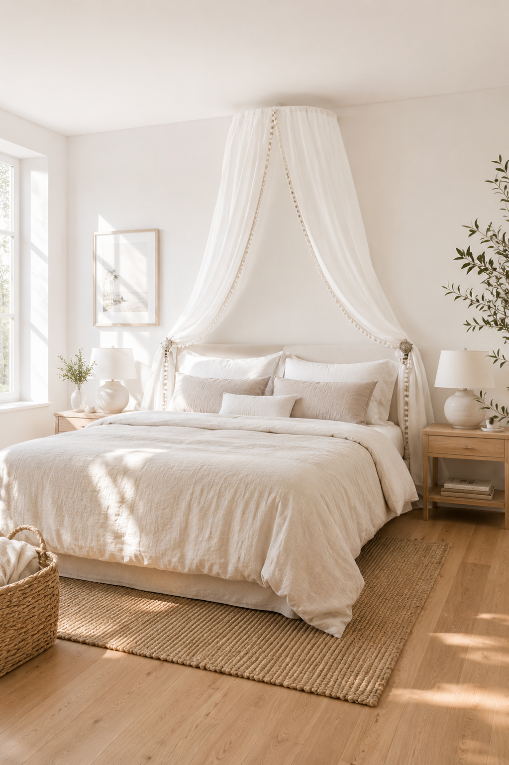 White wall-mounted bed canopy frame styled above a double bed with sheer canopy drapes