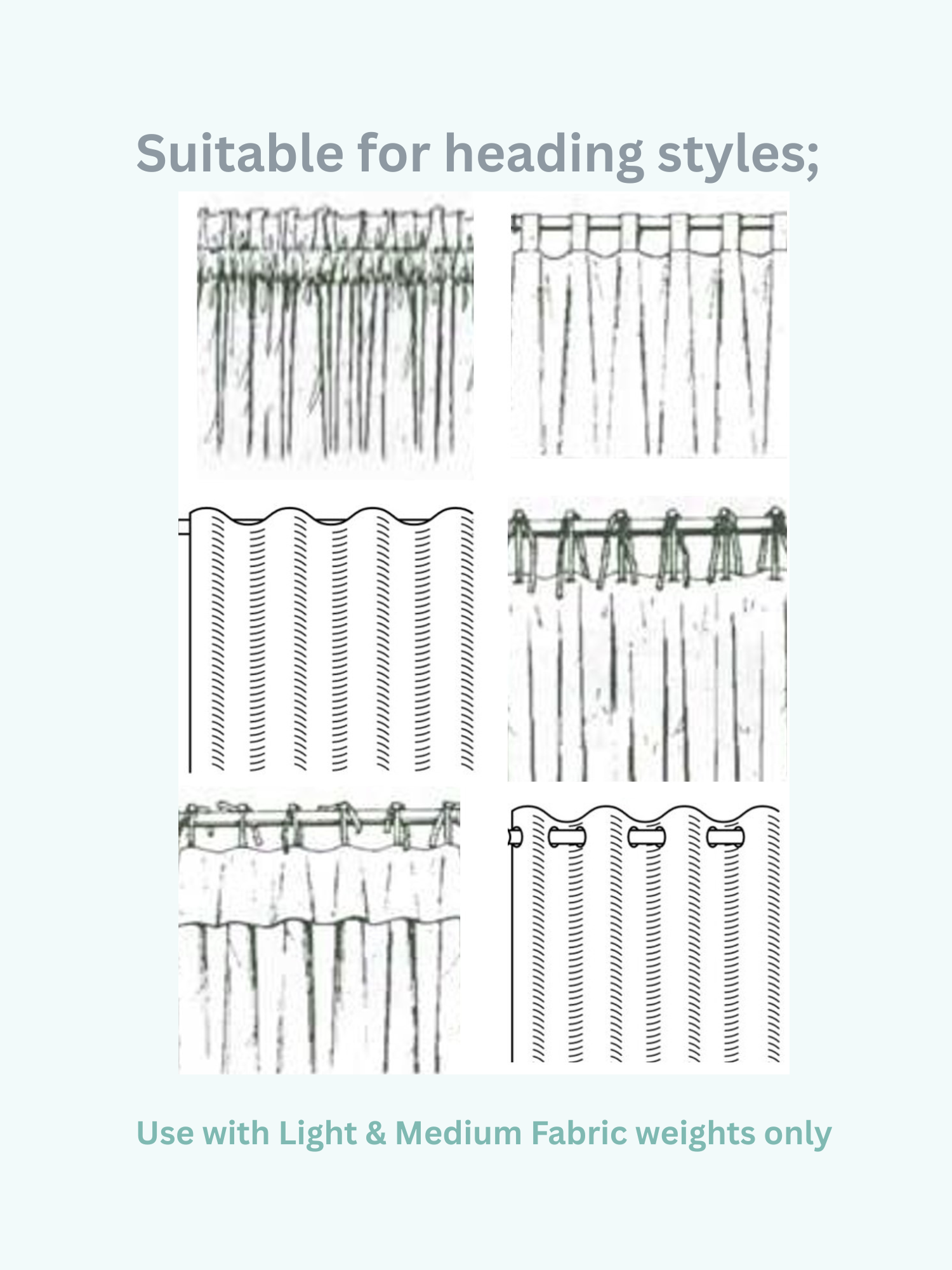 Arc Home Decor wall-mounted bed canopy frame showing compatible curtain heading styles including tape top and slot top curtains