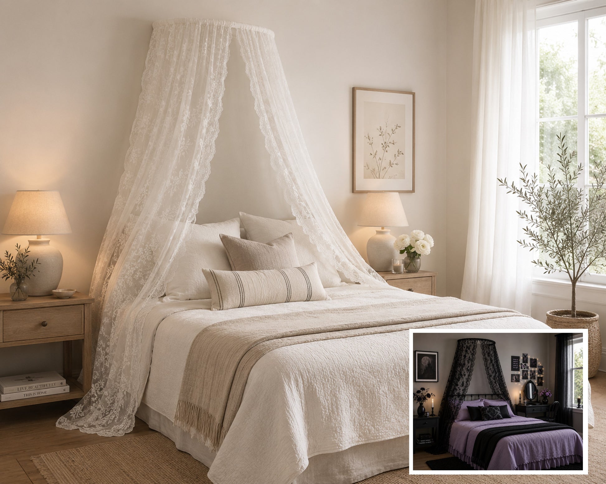 Complete Bed Canopy Set with vintage-inspired lace panels in White and Black Gothic styles.