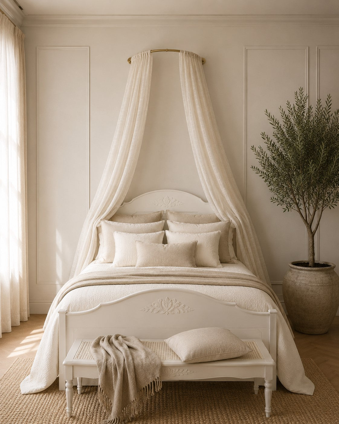 Complete Bed Canopy Set | Linen Look Semi Sheer