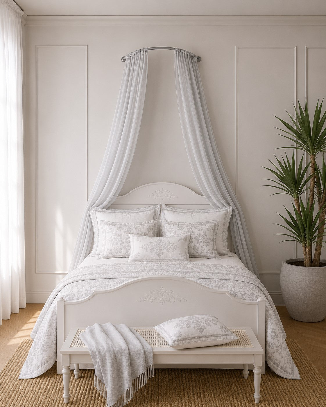 Complete Bed Canopy Set | Linen Look Semi Sheer
