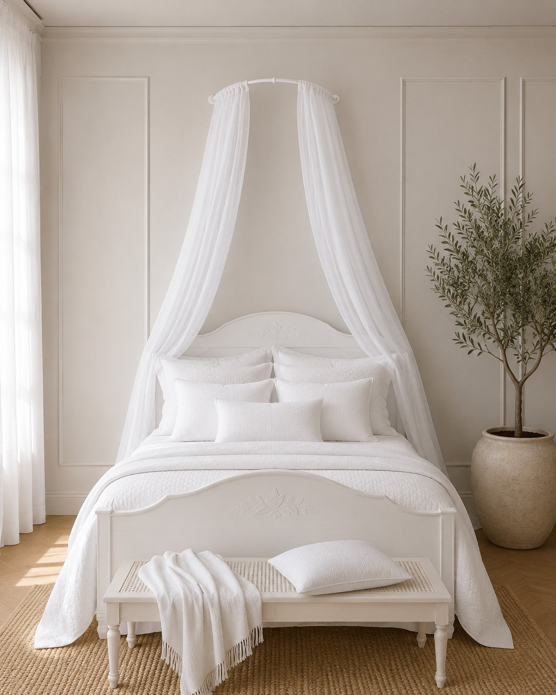 Complete Bed Canopy Set | Linen Look Semi Sheer