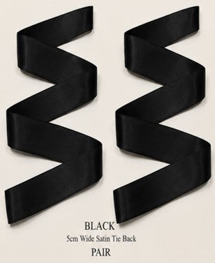 Black satin ribbon tie-backs included