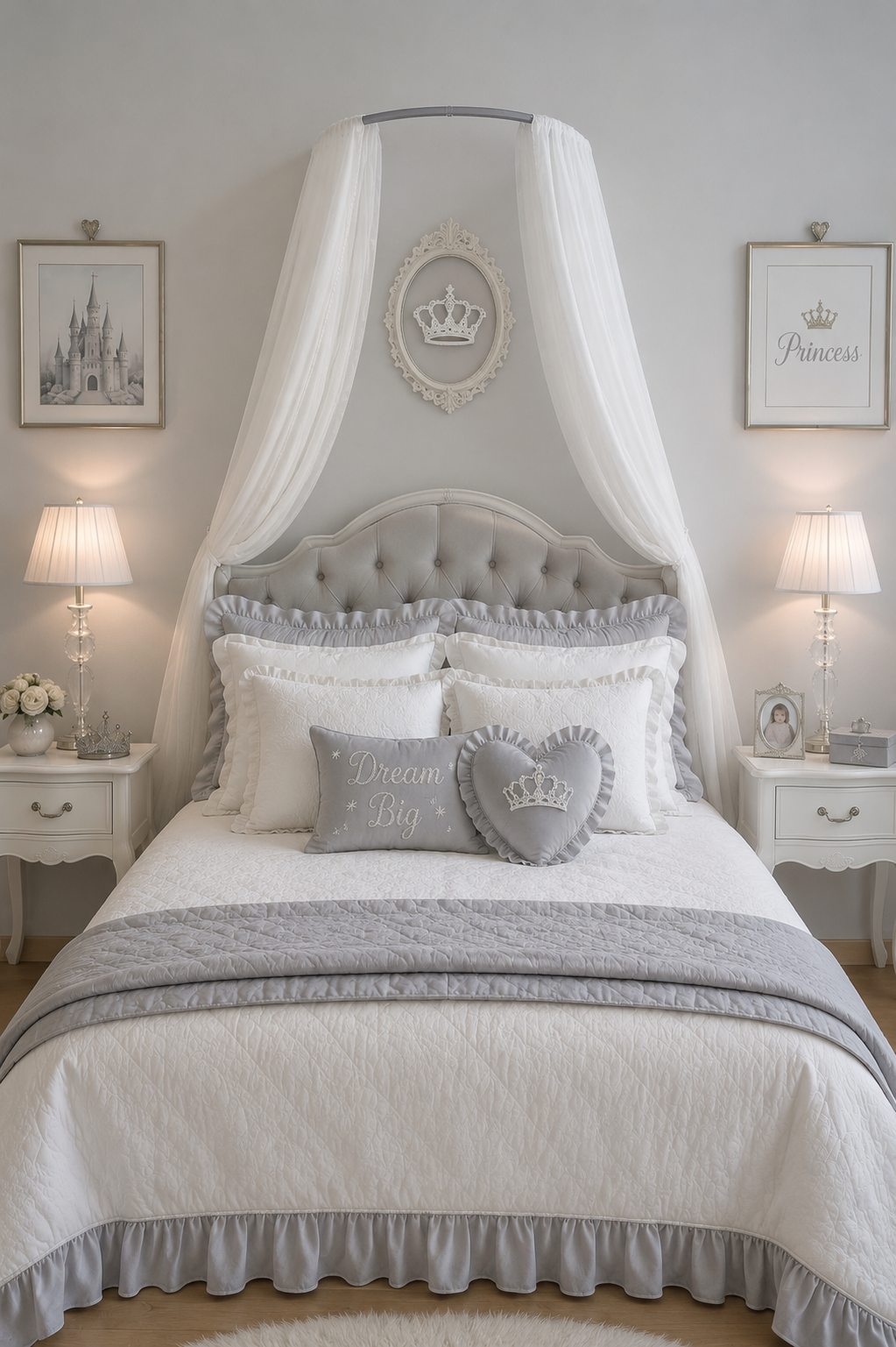 Silver wall-mounted bed canopy frame with white voile curtains in an elegant grey bedroom, designed and manufactured in Britain by Arc Home Decor.