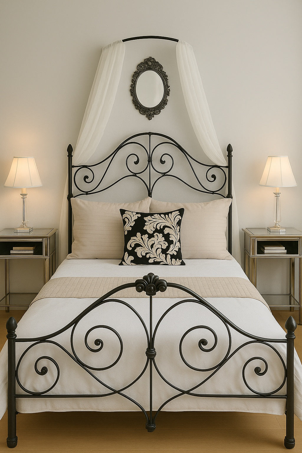 Black curved wall-mounted bed canopy frame styled above a bed with elegant canopy drapes