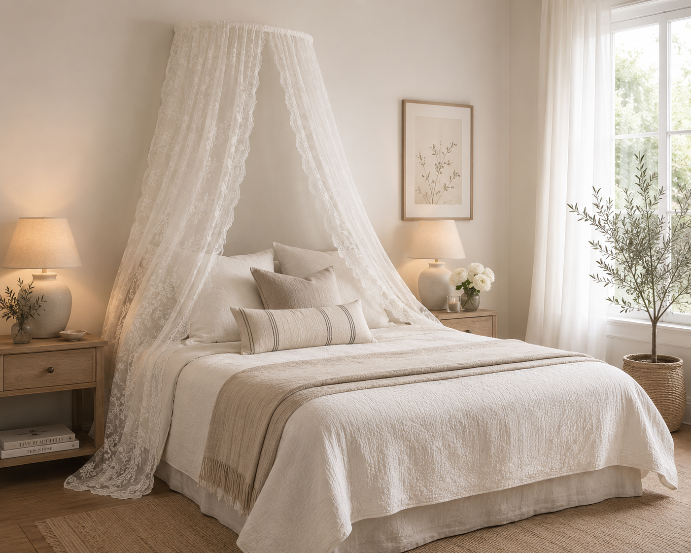 Complete Bed Canopy Set with White Vintage Inspired Lace panels and White wall-mounted Arc Frame