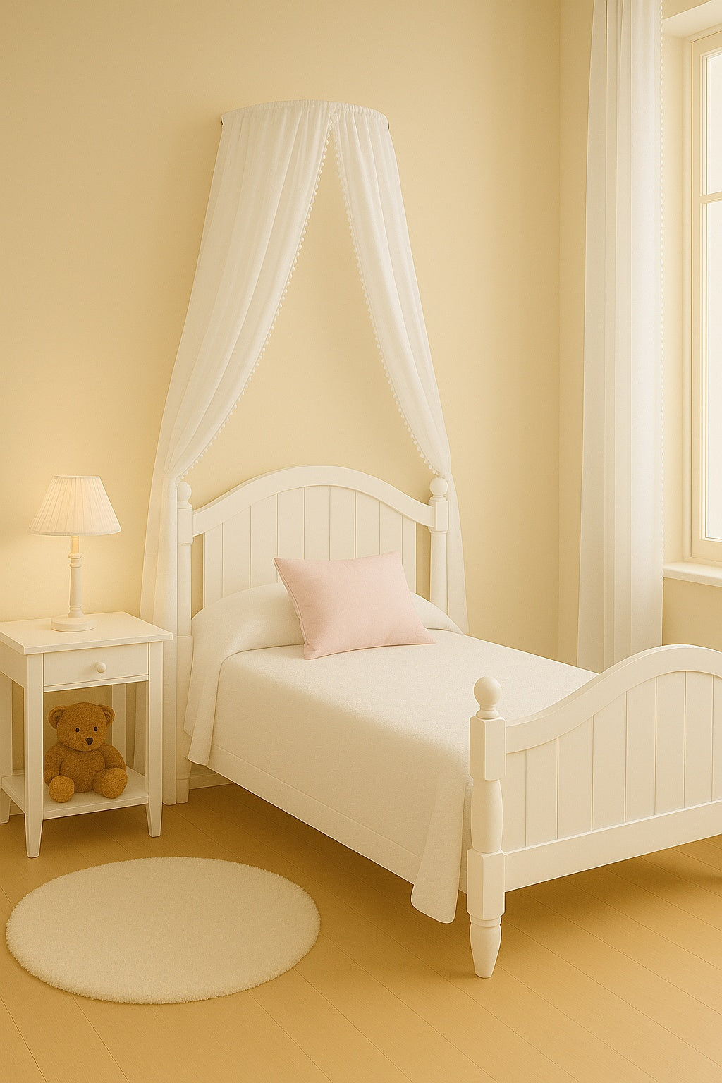 White curved wall-mounted bed canopy frame creating an elegant bedroom canopy with fabric drapes